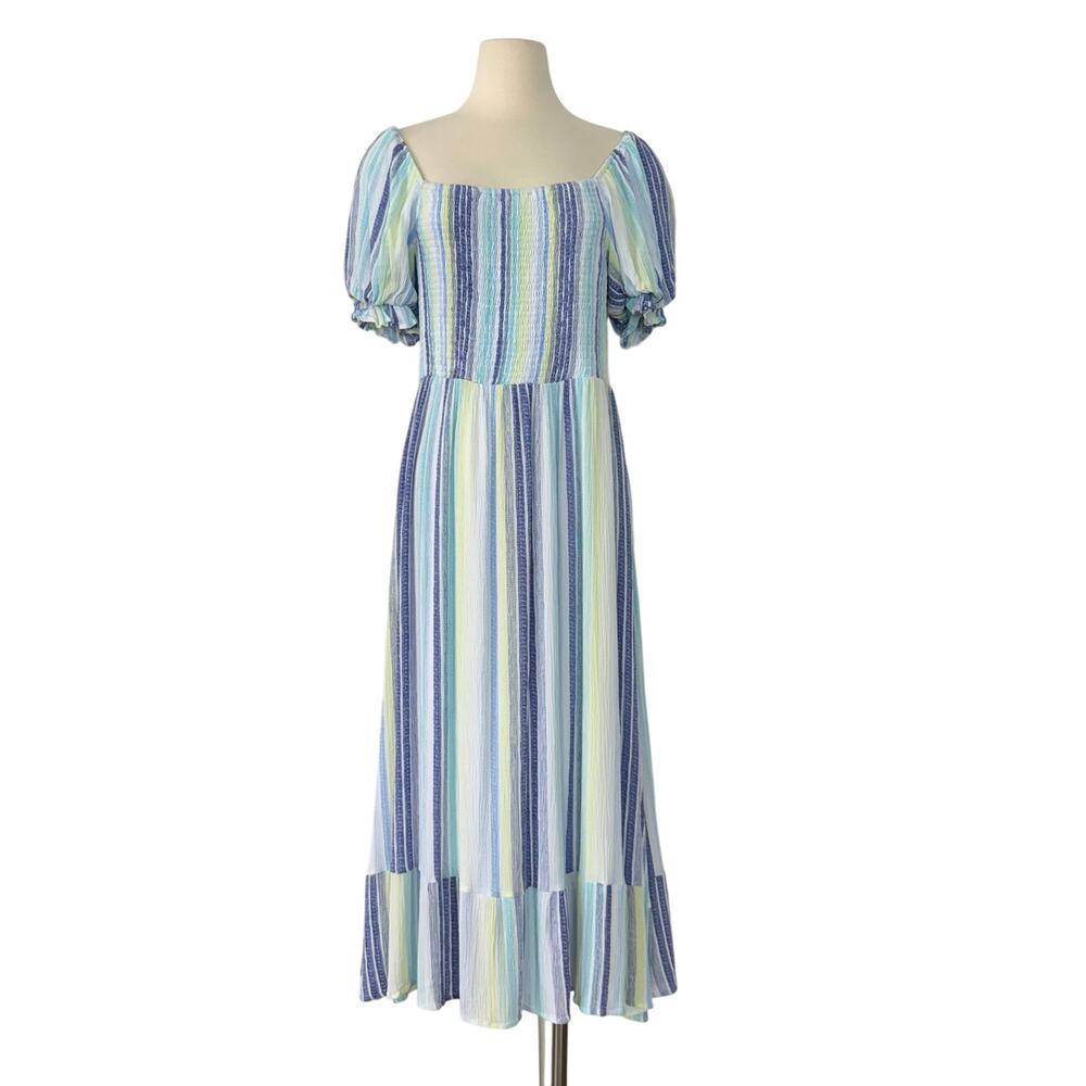 English Factory Striped Maxi Dress Smocked Bodice Square-Neck M